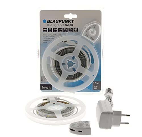 Blaupunkt 1,5 m set led-lichtstrips voor de onderkant van bed of bank, dimbaar, bewegingsmelder, piR, warmwit, 3600 K, plug en play, voor slaapkamer, babybed, trap, waterdicht IP65