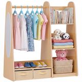 VEVOR Kinderkledingkast 98,5x40x106 cm, Kinderkledingkast met Spiegel, Kledingstang en Planken, Verkleedkast met 2 Stoffen Lades voor Meisjes, Kinderkledingkast voor Verkleedpartijen, Slaapkamer, Natuurlijk Hout