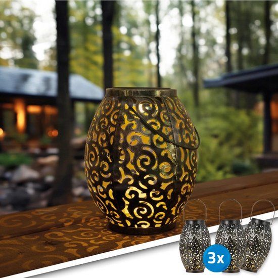 RexTech Solar Tafellamp 'Agadir' - 3 stuks - Buitenlamp op Zonne-energie - Warm Wit Licht - Metaal - 31cm