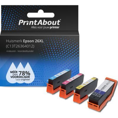 PrintAbout Huismerk Epson 26XL (T2636) Inktcartridge 4-kleuren XL | 4400 pagina's