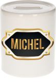 Bellatio Decorations Shoppartners Bv Spaarpot met voornaam Michel - wit - met goud/zwart embleem - 8 x 9 cm - keramiek - met afsluitdop - cadeau verjaardag