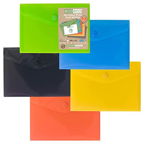 eco-eco A6 50% Gerecycleerde Diverse Kleuren Druk Stud Popper Portemonnee, Plastic Mappen (Pack van 5), eco078