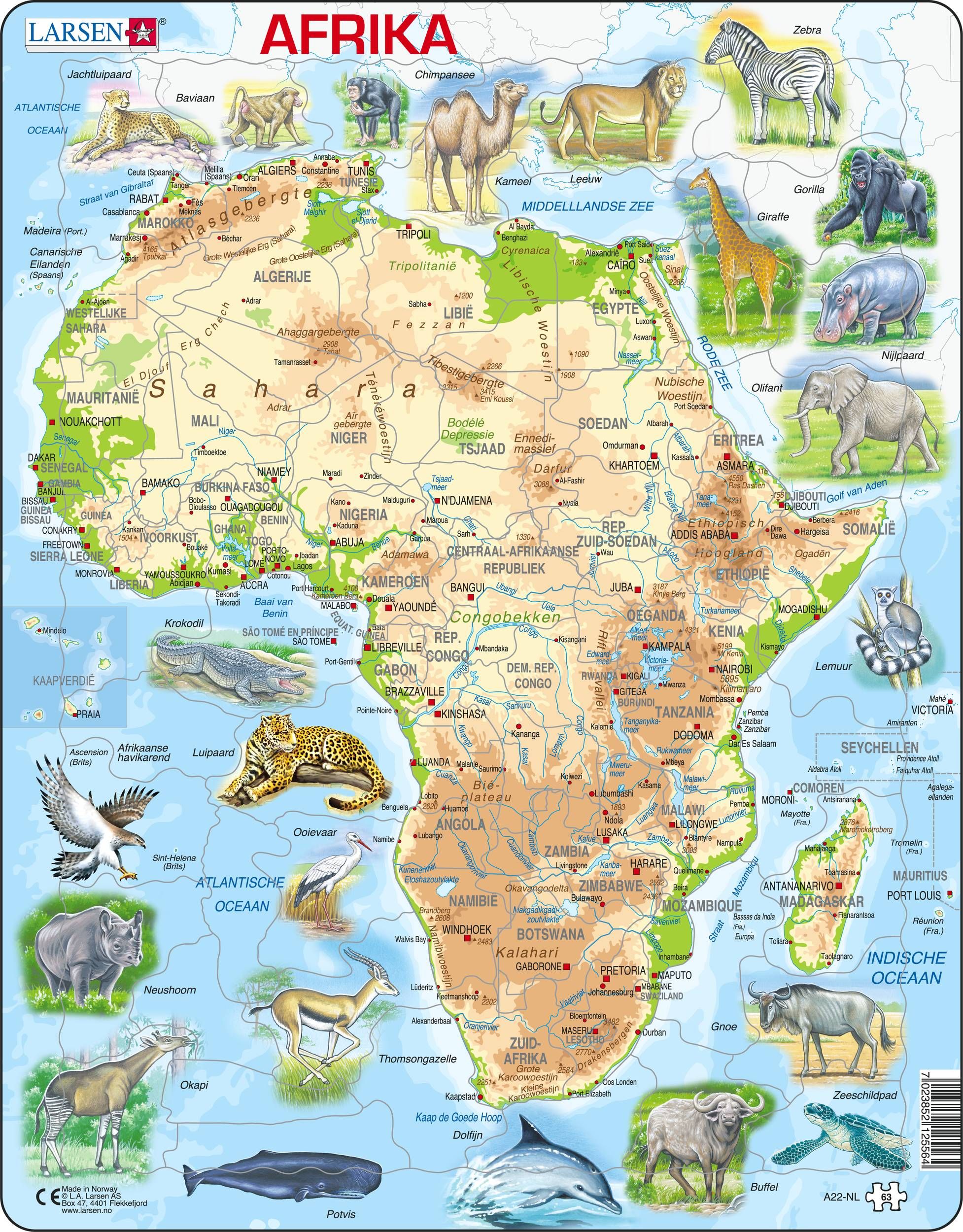 Larsen Maxi Kaart Afrika Geografisch met Dieren 63 stukjes - Puzzel