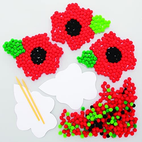 Baker Ross FE782 Poppy Pom Pom-kits - set van 5, Verjaardag knutselen, Pom Pom-knutsels voor kinderen om te maken, te versieren en te tonen, creatieve activiteiten voor kinderen