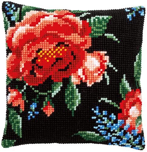VERVACO Borduurpakket Kussen Kruissteek ROOS Voorbedrukt Handwerkpakket voor Sierkussen 40 x 40 cm Zelf Maken Knutselen voor Volwassenen Woondecoratie DIY Kit