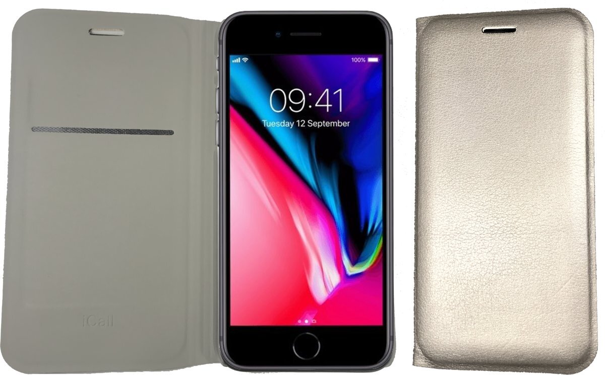 iCall Apple iPhone 8 / 7 Hoesje Flip Wallet Portemonnee Book Case Cover Grijs / Goud met Polycarbonaat Houder - 360 Graden Telefoonhoesje