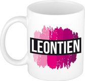Bellatio Decorations Shoppartners Bv Leontien naam cadeau koffie mok - beker - met roze verfstrepen - Cadeau collega - moederdag - verjaardag - juf - coach - 300 ml - wit