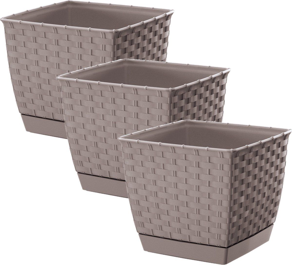 Prosperplast Set van 3x plantenpotten rotan kunststof 19 x 19 cm taupe/beige