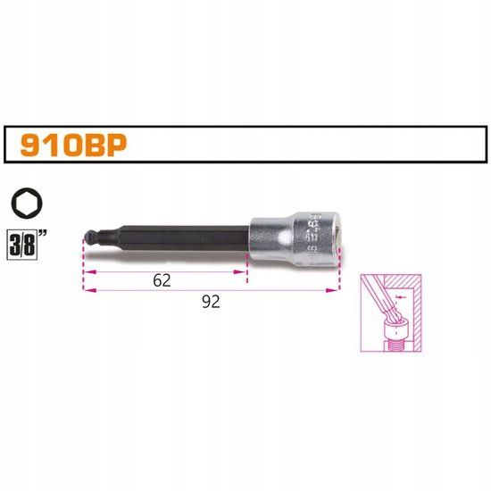 Beta 910BP/8L 3/8" 8 mm zeskantdop met kogelkop
