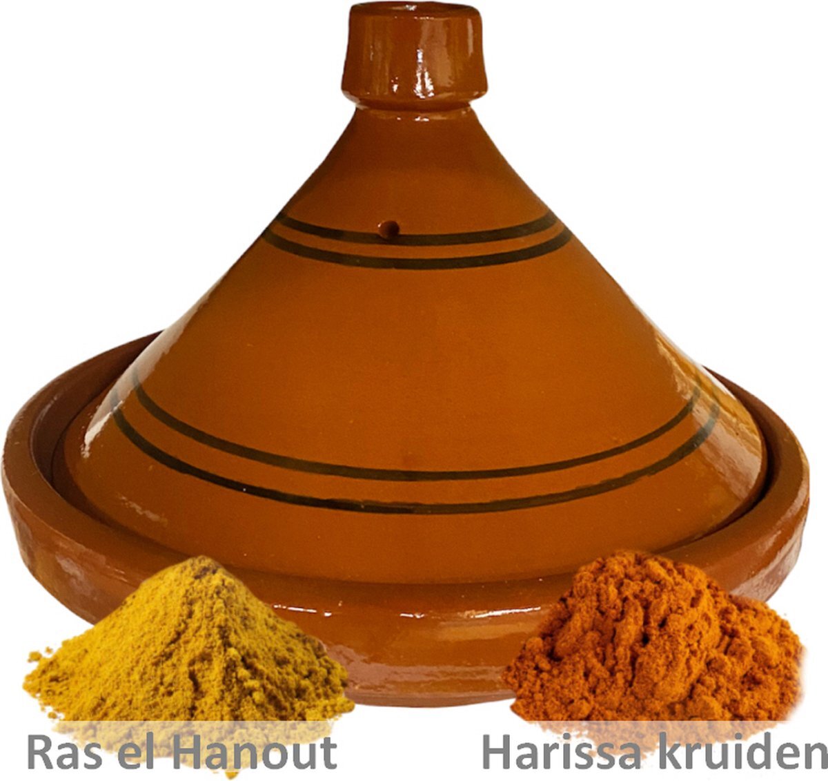 marocstore.nl Aardewerk tajine 30 cm met Ras el hanout en Harissa kruiden