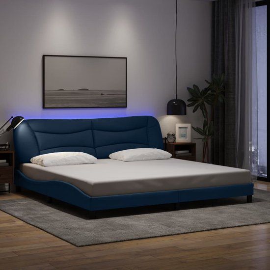 vidaXL Bedframe met LED - 200x200 cm - Stof - Blauw