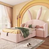 MODFU Kinderbed - Konijnenoren - Opbergruimte En Verplaatsbaar Nachtkastje - Fluweel - Roze - 90 x 200 cm