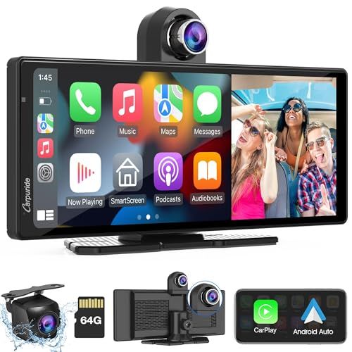 CARPURIDE W903 draagbare multimedia-console Carplay en Android Auto Smart met camera aan de voorkant en 4K back-up, loopopname, bluetooth-audio, spiegellink, GPS, Siri
