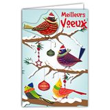 Afie 61-6004 wenskaart met envelop en collage in Relax vogel in goud glanzend voor een goed jaar, met de beste wensen, roodborstje, takken onder de sneeuw, kerstballen