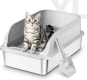 oCreon Kattenbak XXL - roestvrij staal - halfgesloten met afneembare hoge rand - met schep - lichtgrijs - 58 x 38 x 26 cm
