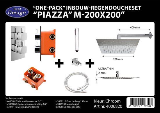 Best Design Piazza Inbouw Regendoucheset - Chroom - Thermostatisch - Vierkant