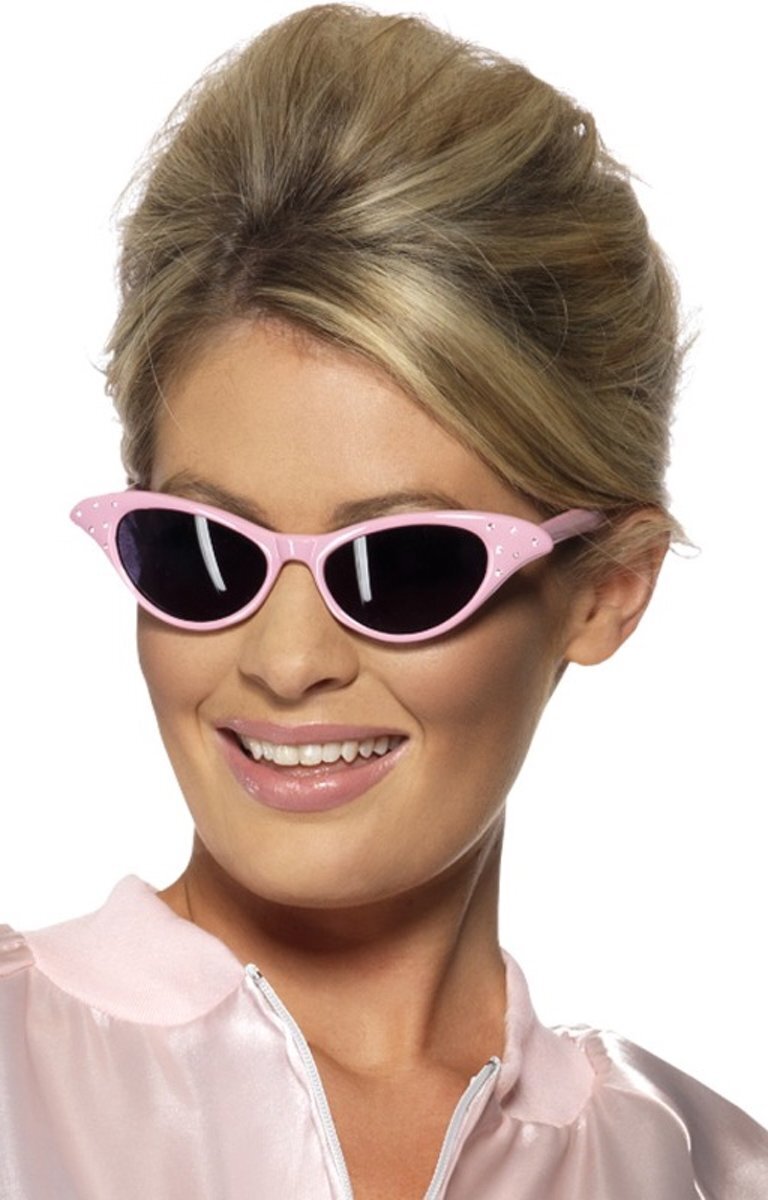 - Rock en Roll Pink Lady zonnebril - Roze Grease Ladies bril met strass
