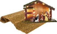 Crèche illuminée - complète - avec 9 figurines - éclairage LED - et fond - porcelaine mousse bois - 50 x 70 cm