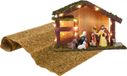 Crèche illuminée - complète - avec 9 figurines - éclairage LED - et fond - porcelaine mousse bois - 50 x 70 cm