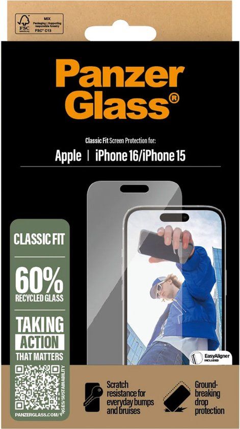 PanzerGlass Screenprotector geschikt voor Apple iPhone 16 Glazen | PanzerGlass Classic Fit Screenprotector - Case Friendly