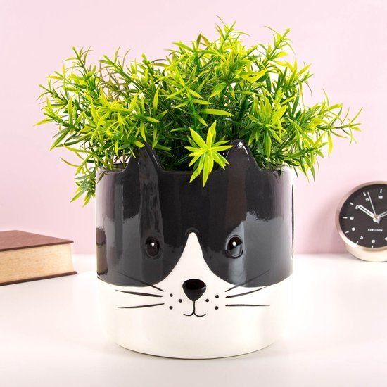 INVOTIS Balvi Dieren Bloempot - Kat - Keramiek - Bruin/Wit/Zwart - Rond