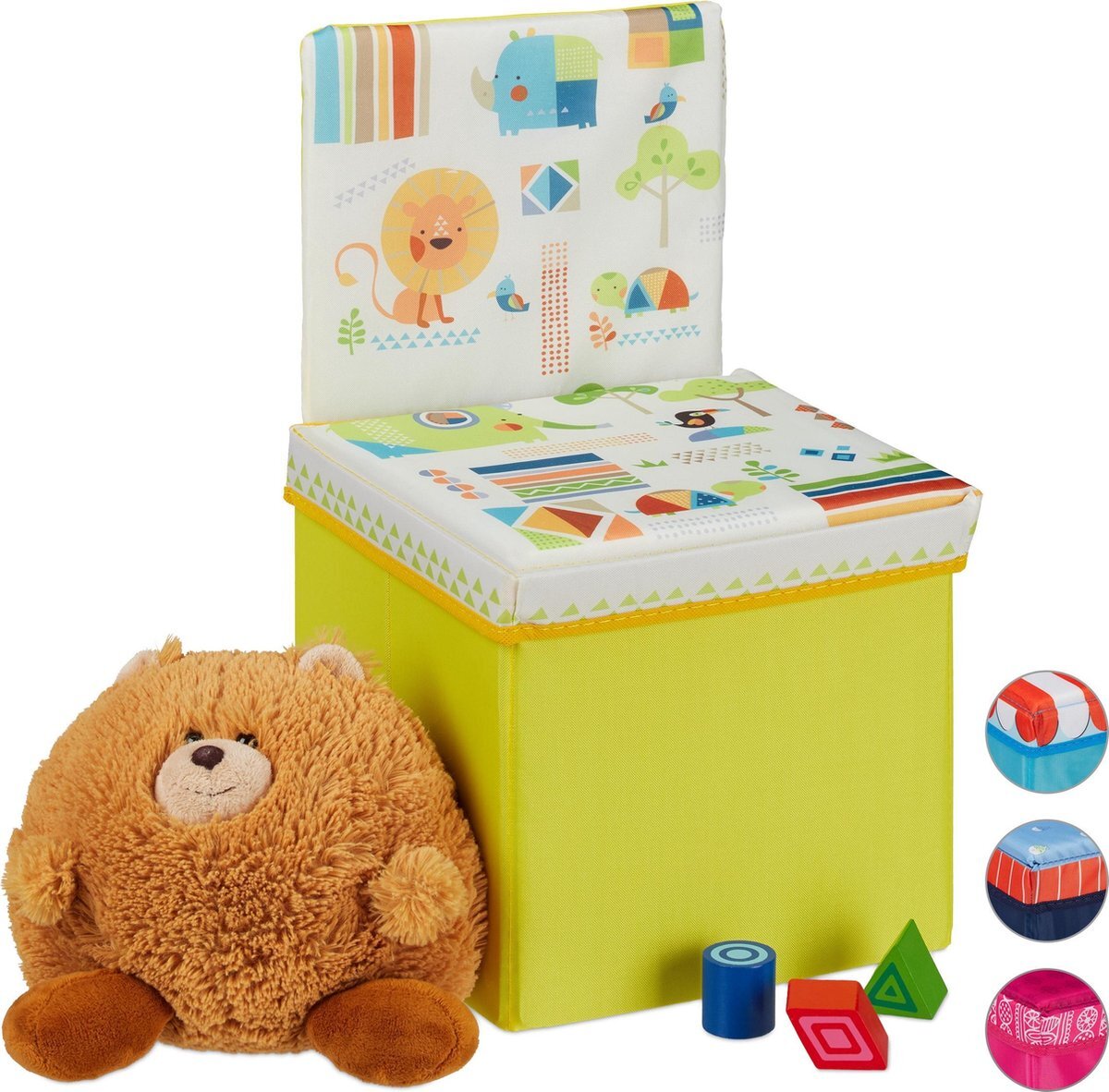 Relaxdays opbergbox - opvouwbaar - kinderen - speelgoedkist - poef - hocker - opbergruimte Dieren geel