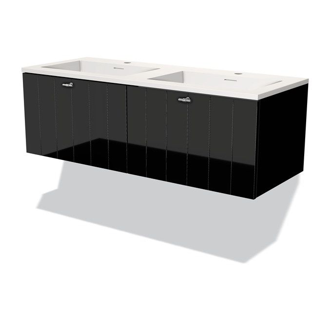 Maxaro Badkamermeubel 120cm Modulo Hoogglans Zwart 2 Lades Lamel Wastafel Solid Surface
