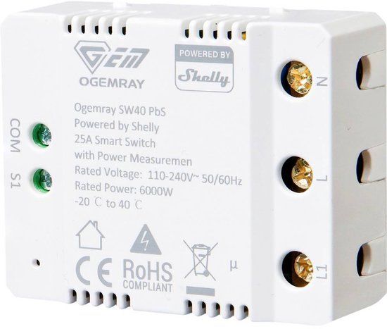 Shelly Ogemray smarter Relaisschalter 25 A Schakel-meetactor Bluetooth, WiFi