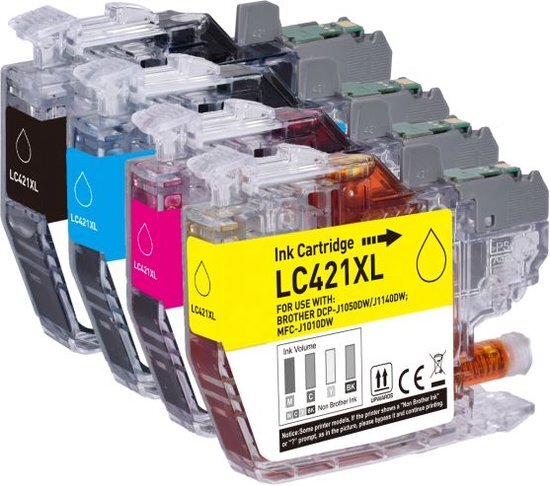 Abc Mcom Inktcartridges Multipack voor Brother LC421XL - 4stuks - Zwart/geel/rood/blauw | Geschikt voor Brother DCP-J1050DW - MFC-J1010DW - DCP-J1140DW - Inkt - cartridge - patroon - inktpatroon (421)