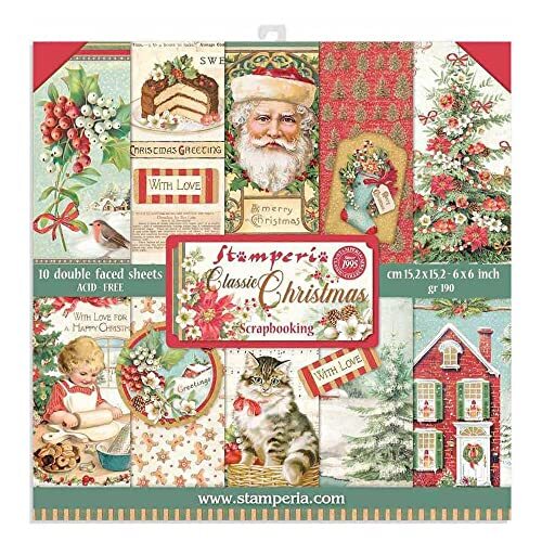 STAMPERIA INTL, KFT (3PL) SBBXS06 Extra Klein Blok 10 vellen-15,24 x 15,24 (6 x 6 inch) Double Face Classic Christmas, meerkleurig, 15,24 x 15,26