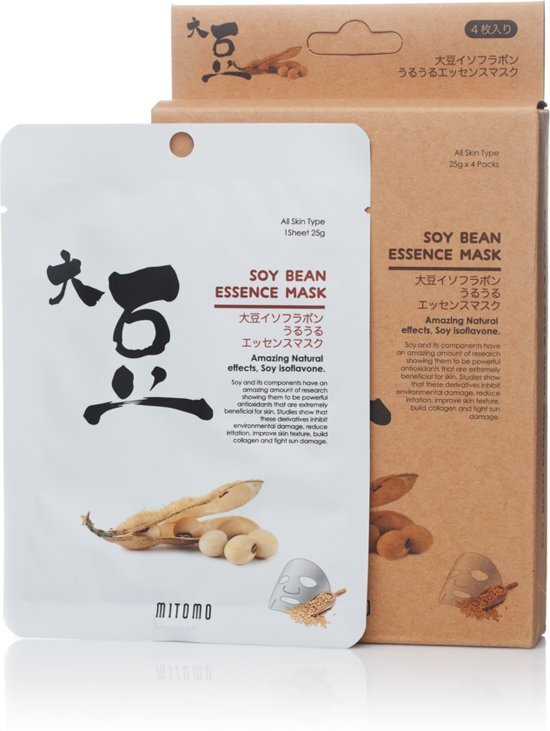 Mitomo Soy Bean Essence Sheet Mask Japanse Gezichtsmasker Gezichtsverzorging Huidtextuur verbeterend Collageen opbouwend Waardevolle voedingstoffen voor een liftend effect