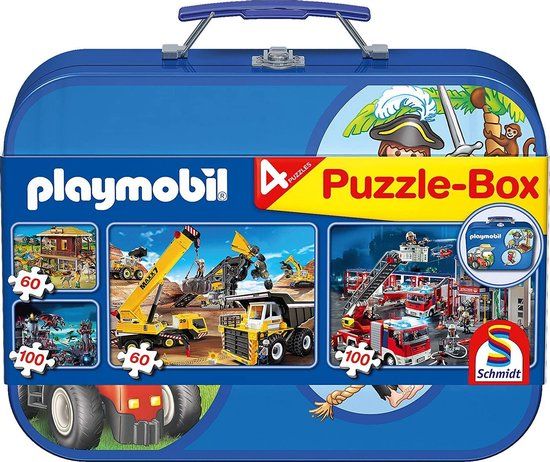 Schmidt Puzzel: Playmobil Puzzelkoffer - Kinderpuzzel - 100 Stukjes - Blauw