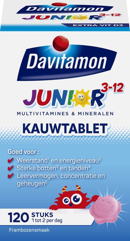 Davitamon Junior 3+ kauwvitamines - multivitamine kinderen - framboos - 120 stuks
