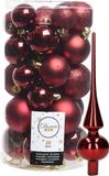 Decoris Boules de Noël 30x pièces - Rouge foncé 4/5/6 cm Plastique Mat/Brillant/Paillettes Mix et Étoile brillante en verre 26 cm