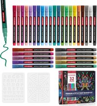 STARKSØN® 30 Stuks Acryl Marker Stiften 0.7 mm Set – Acrylstiften – Stenen & Glas Schilderen – Happy Stones & Mandala Tekenen – Incl. 2 Sjablonen