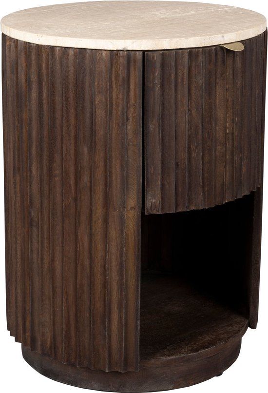 Dutchbone Marlow Bijzettafel/Nachtkastje Rond 45 cm Travertin/Hout - Bruin