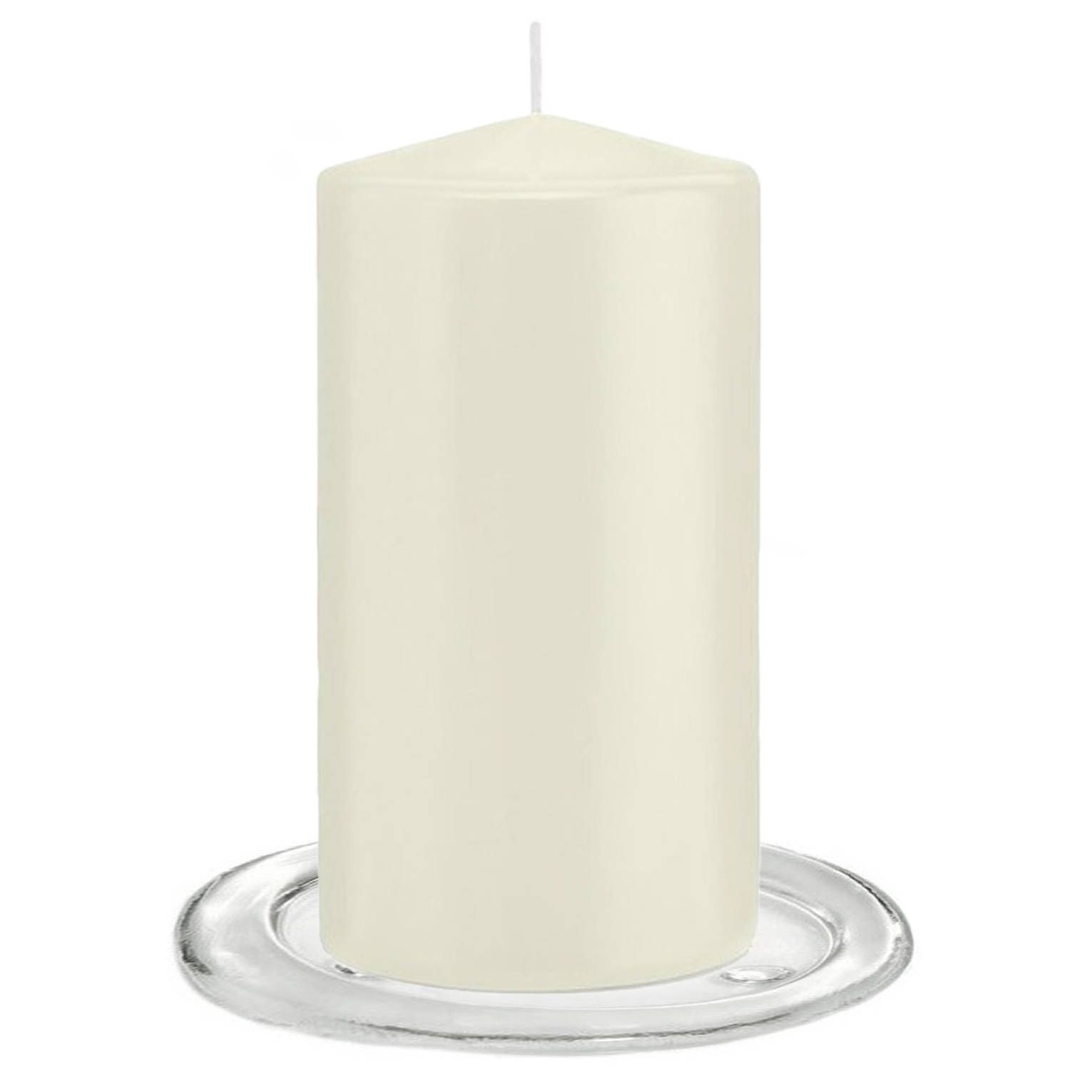 Trend Candles - Stompkaarsen met glazen onderzetters set van 2x stuks ivoor wit 8 x 15 cm