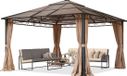 TOOLPORT Pavillon de jardin 4x4 m toit en polycarbonate rigide toit étanche aluminium pavillon deluxe avec 4 parois latérales cappuccino