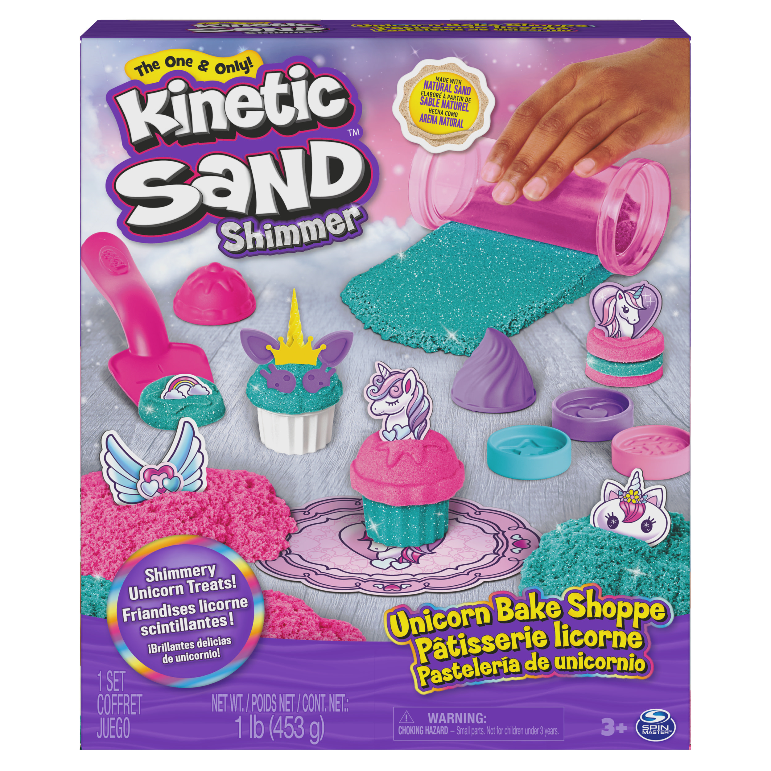 Spin Master Kinetic Sand - Eenhoorn Bakkerij-speelset met 3 cupcakevormen, roller, spatel en 6 accessoires met eenhoornthema en 454 g speelzand - Sensorisch speelgoed