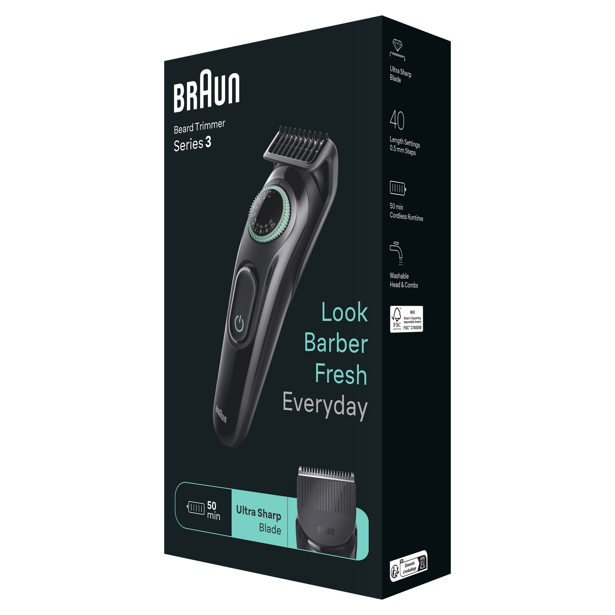 Braun BeardTrimmer 3 BT3411 - Baardtrimmer voor Heren - 50 minuten Gebruiksduur - Zwart/Groen