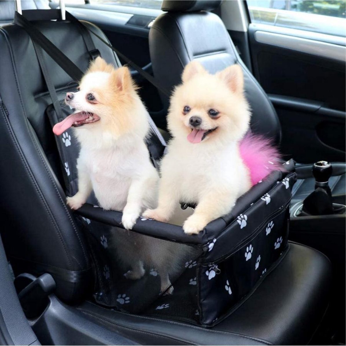 De Blaffende Kat Opvouwbare Autostoel Hond Pootjespatroon - Hondenmand auto - Autobench voor hond - Hondenstoel auto zwart, wit