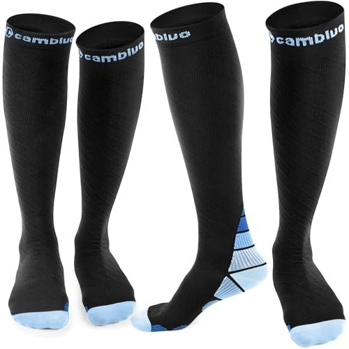 CAMBIVO Compressiekousen voor dames en heren, 2 paar, compressiesokken, steunkousen voor hardlopen, sport, vlucht, reizen, wielrennen, zwart/blauw, L/XL