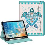 Fintie Hoesje voor iPad (A16) 11e generatie 11 inch (2025), iPad 10e generatie 10,9 inch (2022), beschermende standaard met meerdere kijkhoeken met potloodhouder en zak, groene zeeschildpad