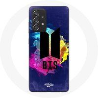 Maniacase Etui voor Samsung Galaxy A52 Bangtan Sonyeondan BTS Logo Zwart Abstracte Achtergrond Blauw Geel En Roze