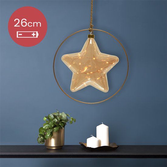 Lumineo Kerstster met jute touw en koperen ring - 15 LED lampjes - 26cm - Amber glas