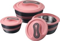 Merkloos Thermoskom met deksel 3-delig. Set 2,5 l / 1,4 l / 0,95 l - roestvrijstalen thermische kommenset - voedselopwarmcontainer, slakom met deksel - thermische kommen voor warm eten - roze