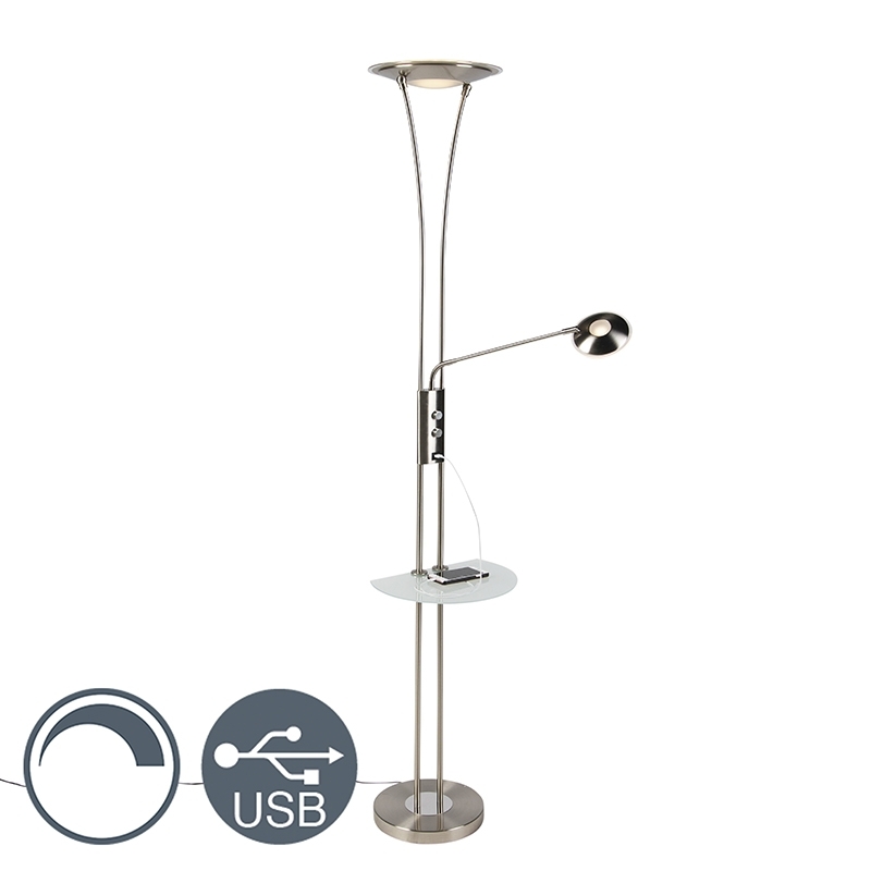 QAZQA Vloerlamp staal met leesarm incl. LED en USB-poort - Sevilla