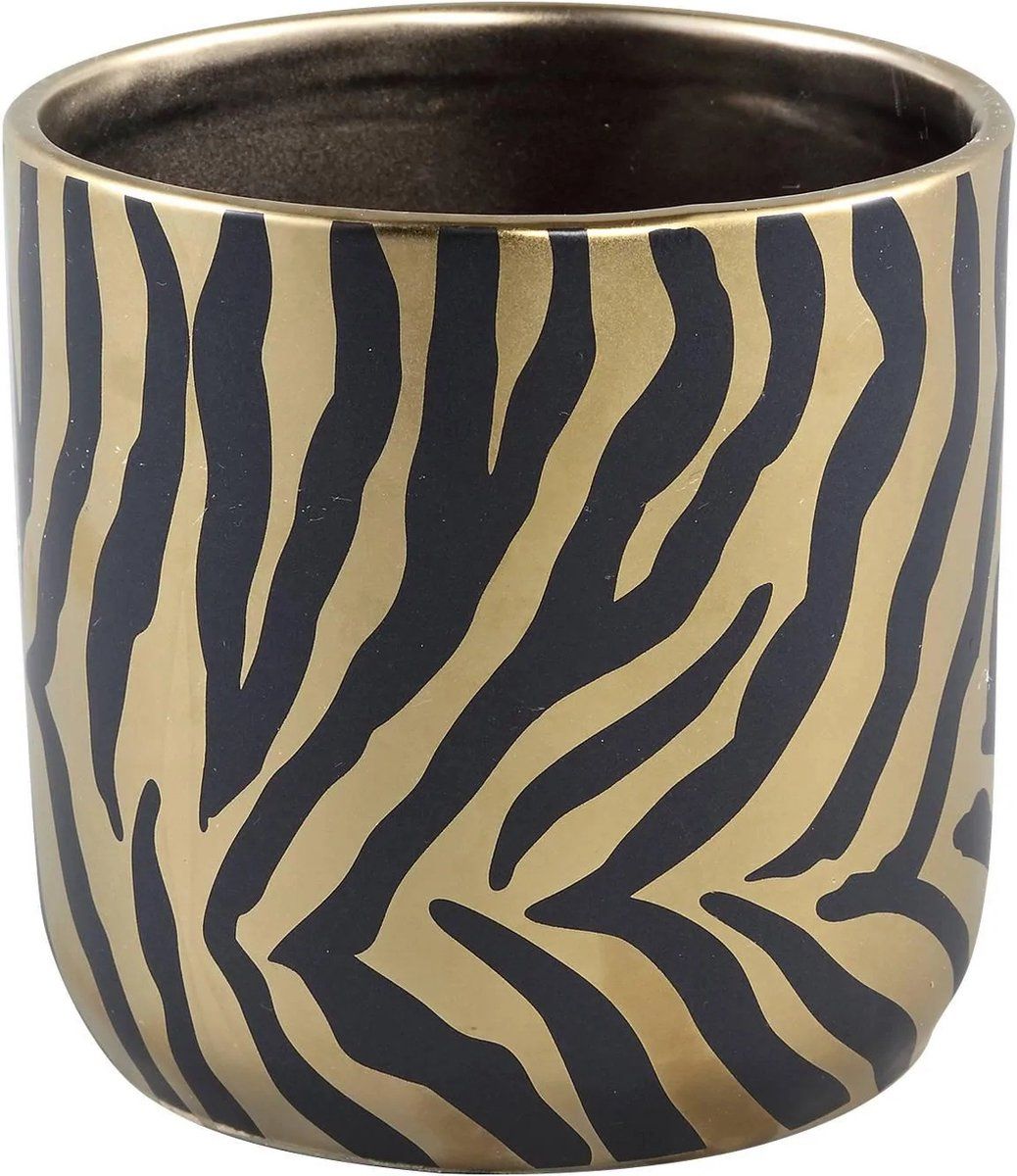 PTMD Collection Tirza Bloempot Rond - H20 x Ø13 cm - Keramiek - Goud / Zwart