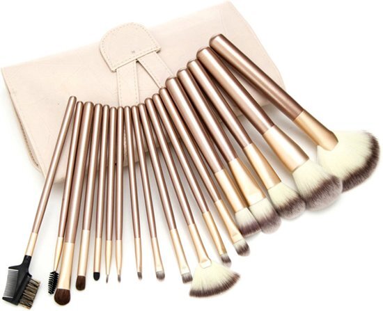 Evvie Professionele Make-up Kwastenset â€“ 18 delig â€“ Beige/Goud in hoes