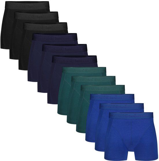 Bamboo Basics Heren Bamboe Boxershorts Rico (12-pack) - Zwart, Navy, Petrol & Blauw Ton Sur Ton - Maat XXL